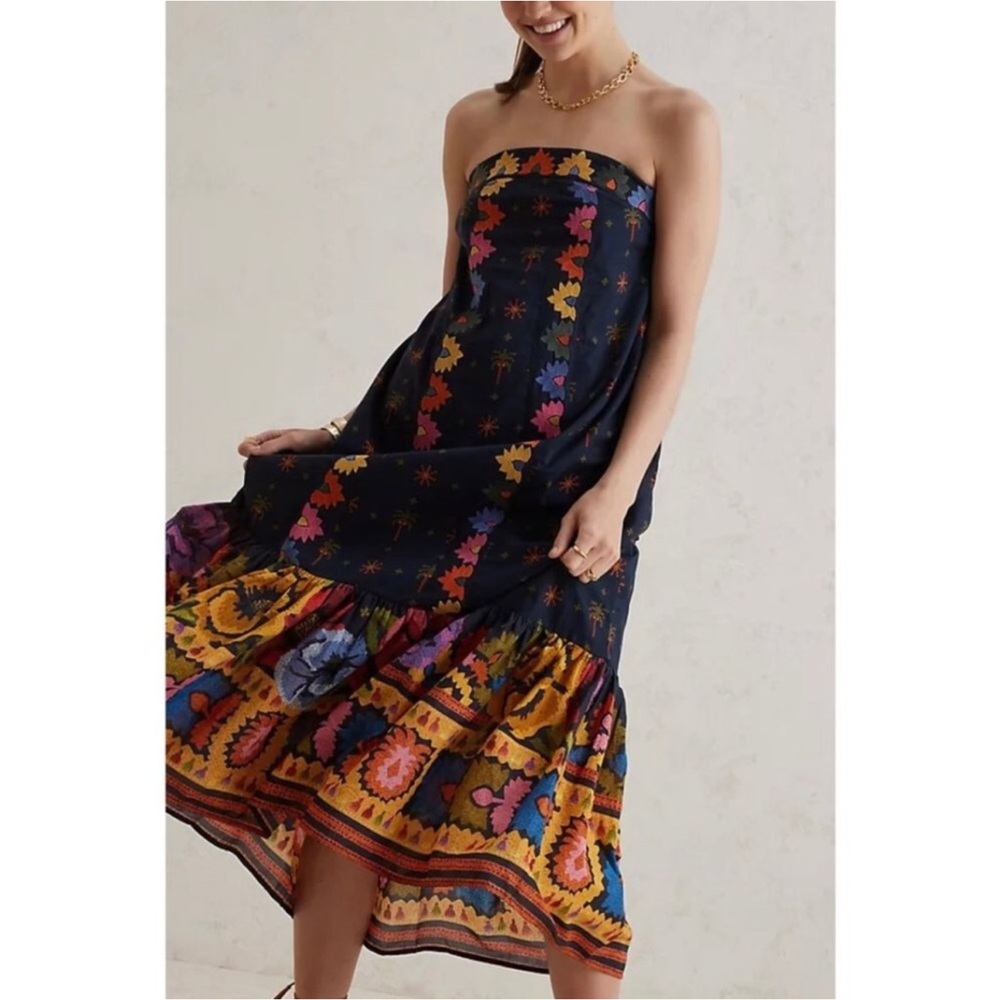 Farm Rio Strapless Embroidered Floral Border Midi Dress